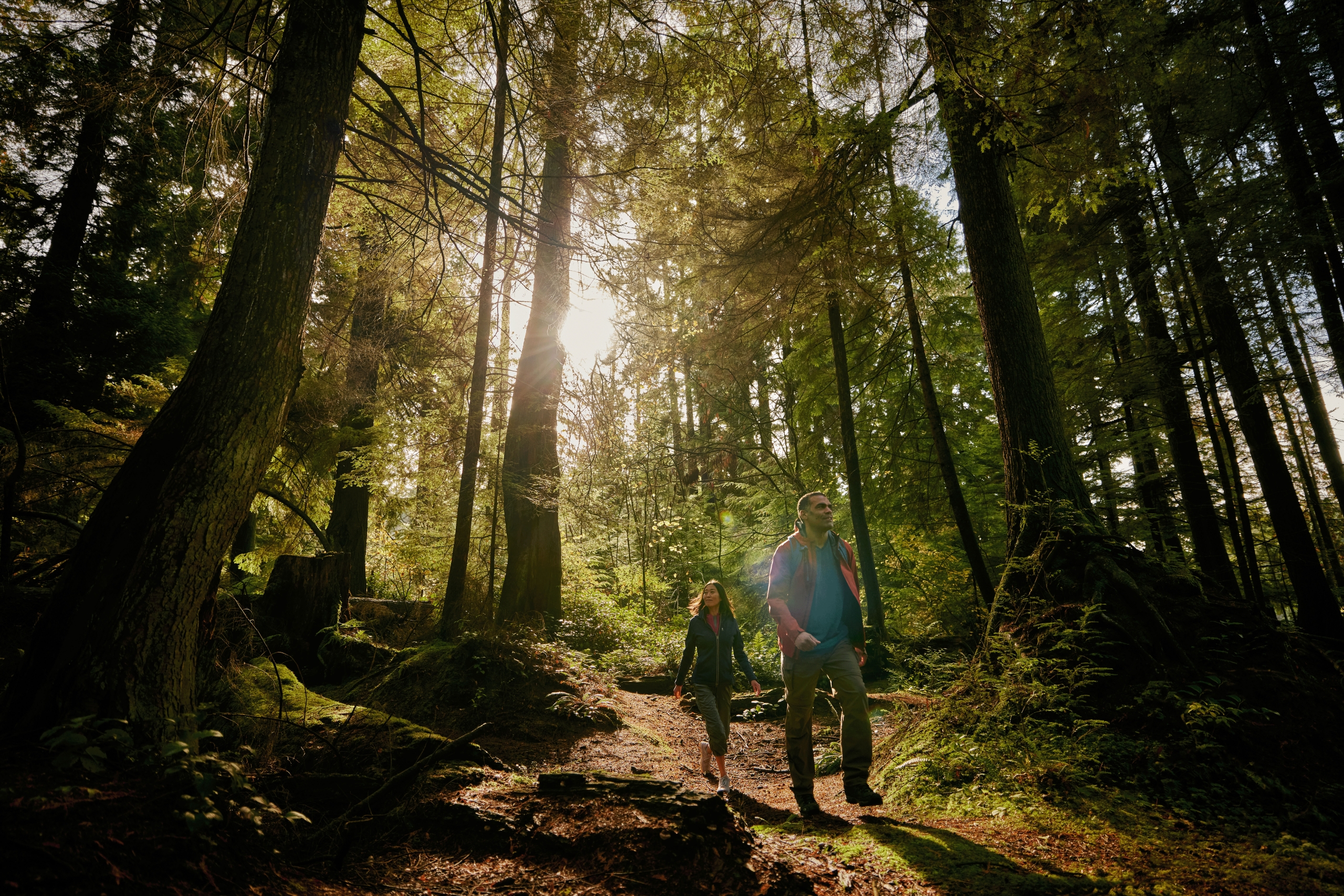 2 people hiking downhill in teh forest in Stanley Park - they are in active wear and the man is ahead of the woman. The sun is shining in through the trees in the background.
