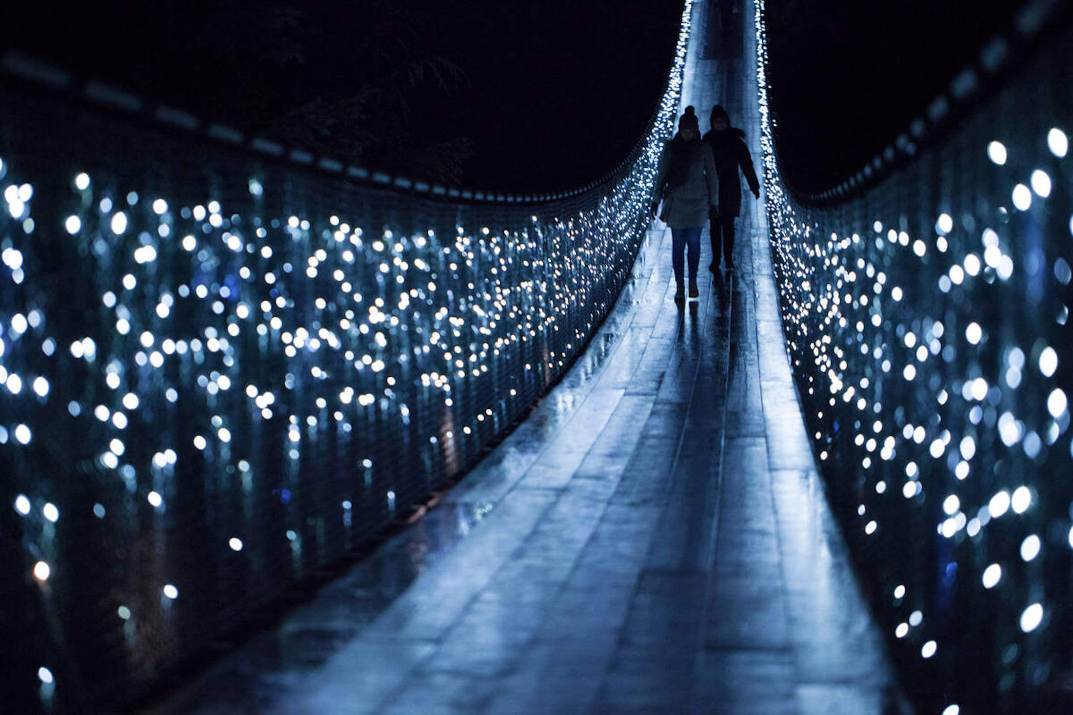 A couple on a bridge with canyon lights.