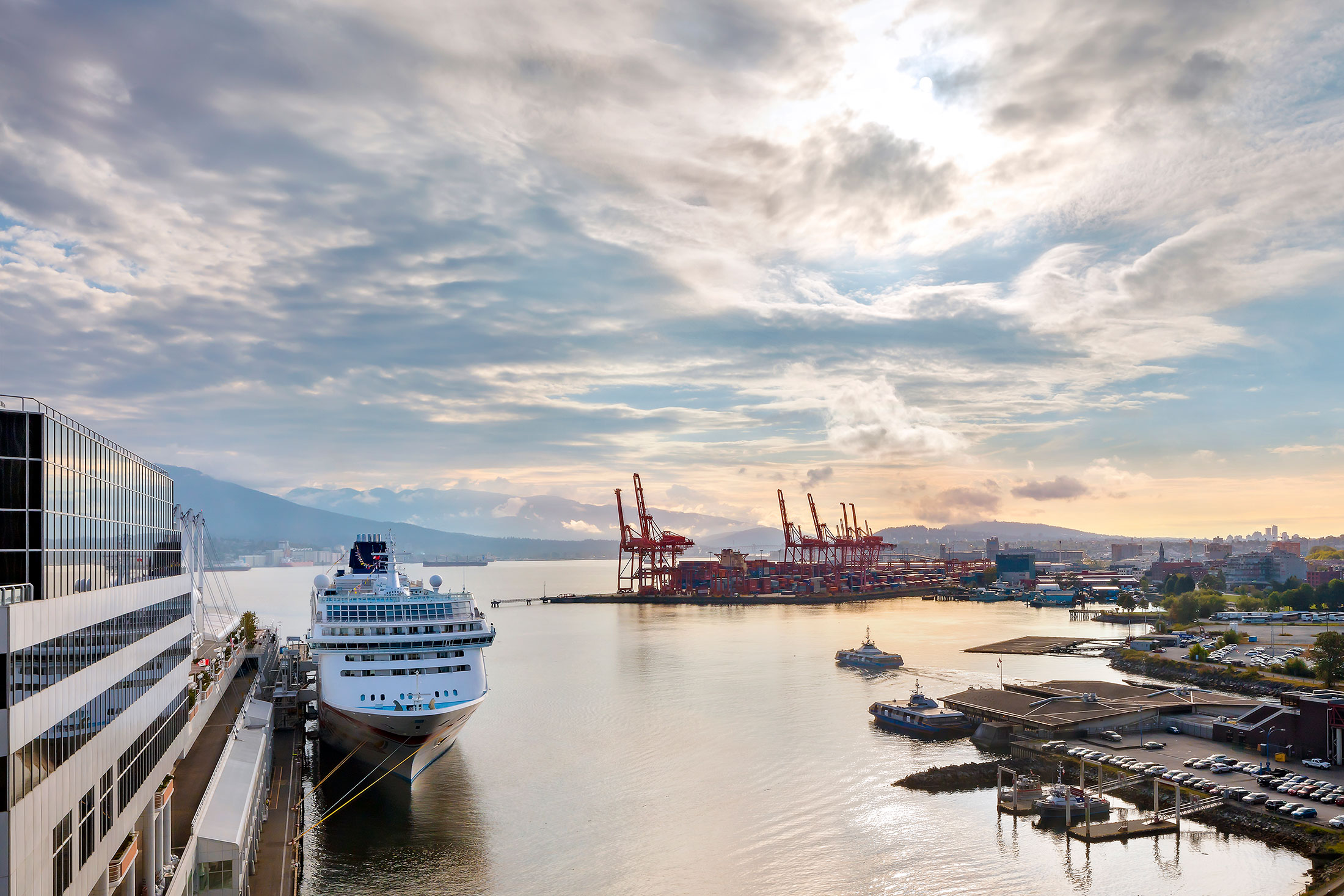 A cruiseship at dock.