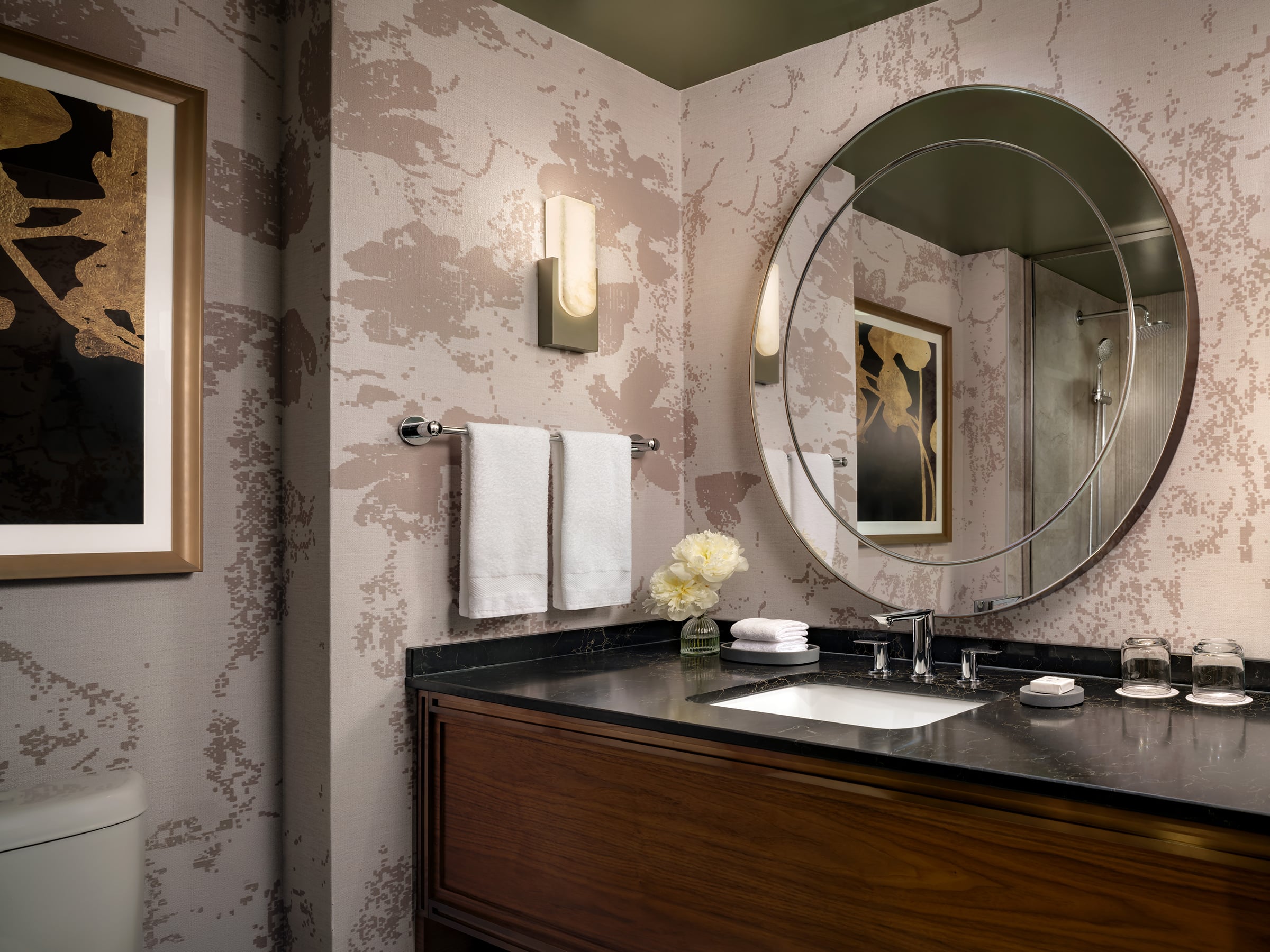 Newly renovated bathroom at Fairmont Waterfront with bathtub and shower combination, refined coastal design, and clean, contemporary finishes, creating a bright and comfortable space in downtown Vancouver.