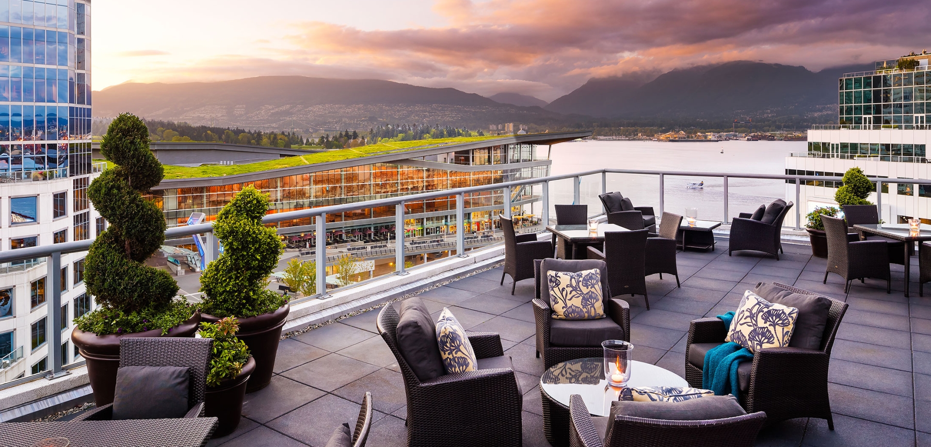A lounge waiting area at sunset.