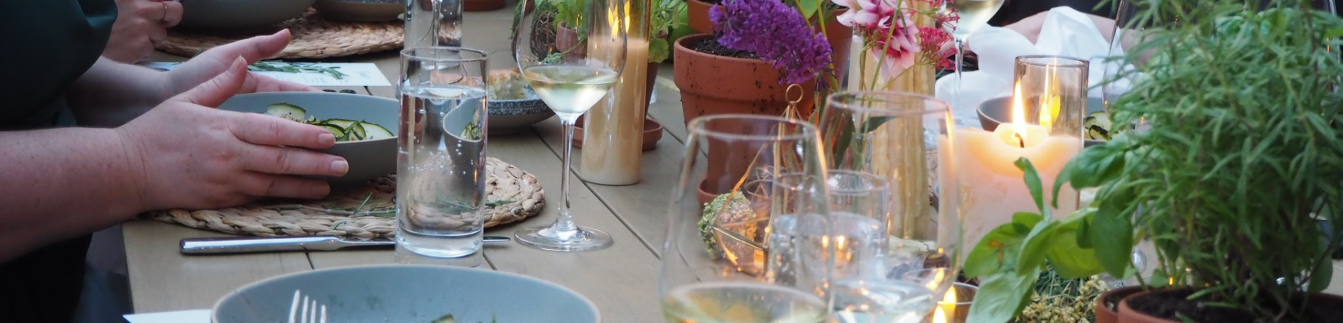 a close-up of a plated long table garden dinner.