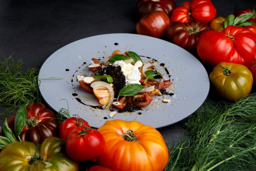 Plated tomato and burrata salad surrounded by whole fresh BC tomatoes.