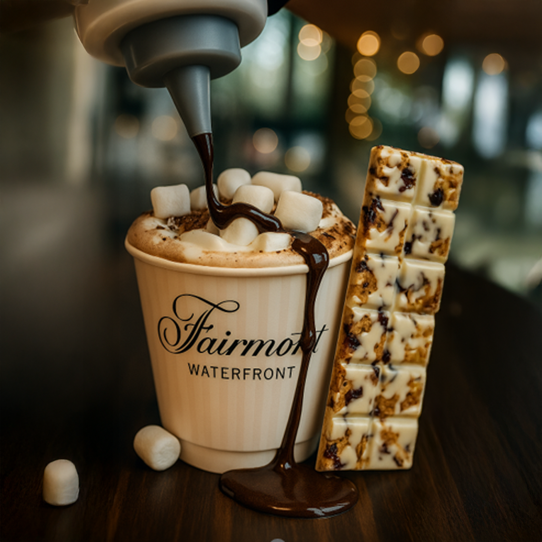 A cup of hot chocolate with chocolate being drizzled over the top.